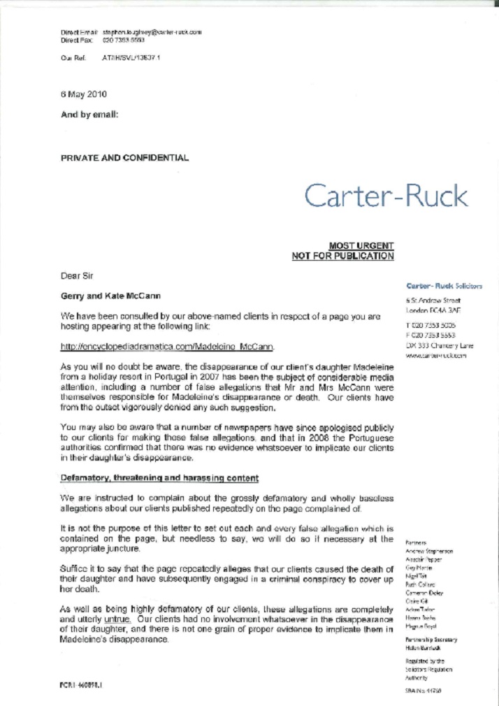 Carter Ruck letter, page 1