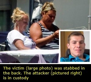 The victim (large photo) was stabbed in the back. The attacker (pictured right) is in custody