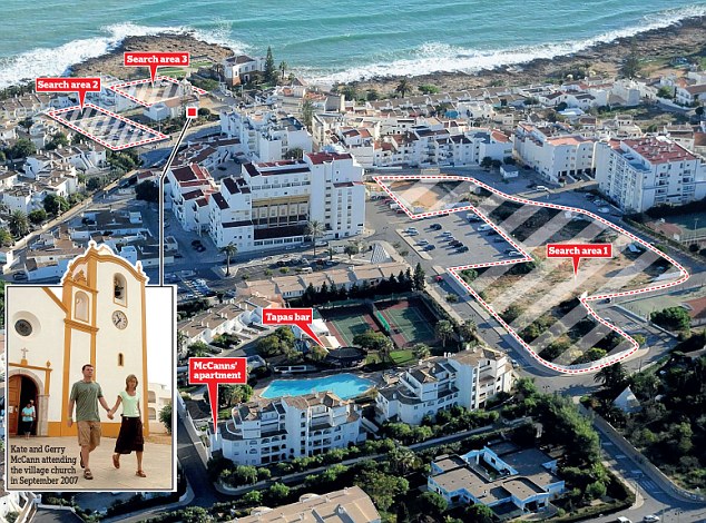 Aerial view: Specialist officers are expected to examine several sites in Praia da Luz after permission to dig was granted by Portuguese authorities, seven years after Maddie went missing from the area aged three