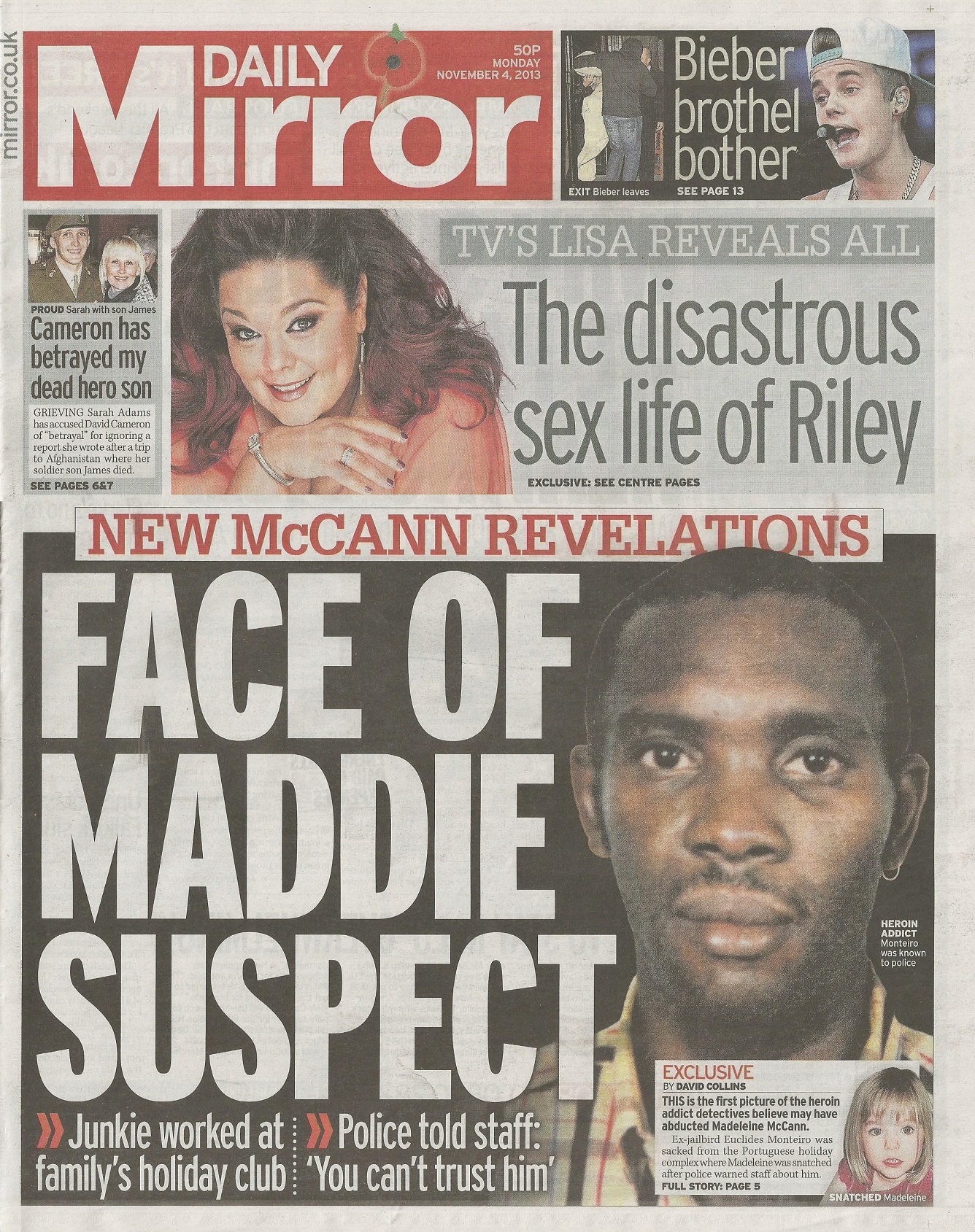 Daily Mirror, paper edition, front page: 'NEW MCCANN REVELATIONS - FACE OF MADDIE SUSPECT', 04 November 2013