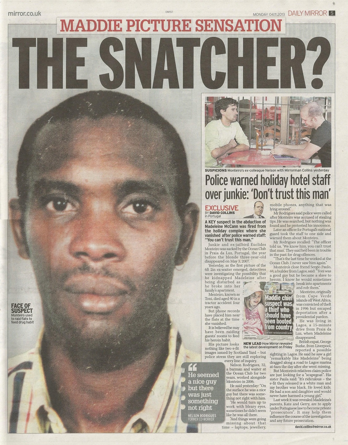 Daily Mirror, paper edition, page 5: 'MADDIE PICTURE SENSATION - THE SNATCHER?', 04 November 2013
