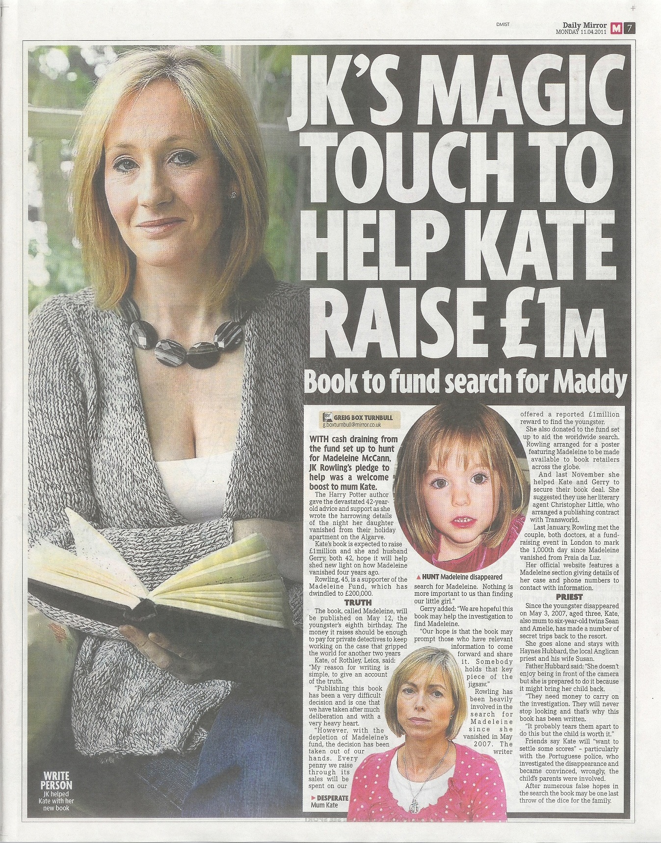 Daily Mirror, paper edition: 'JK's magic touch to help Kate raise £1m', 11 April 2011