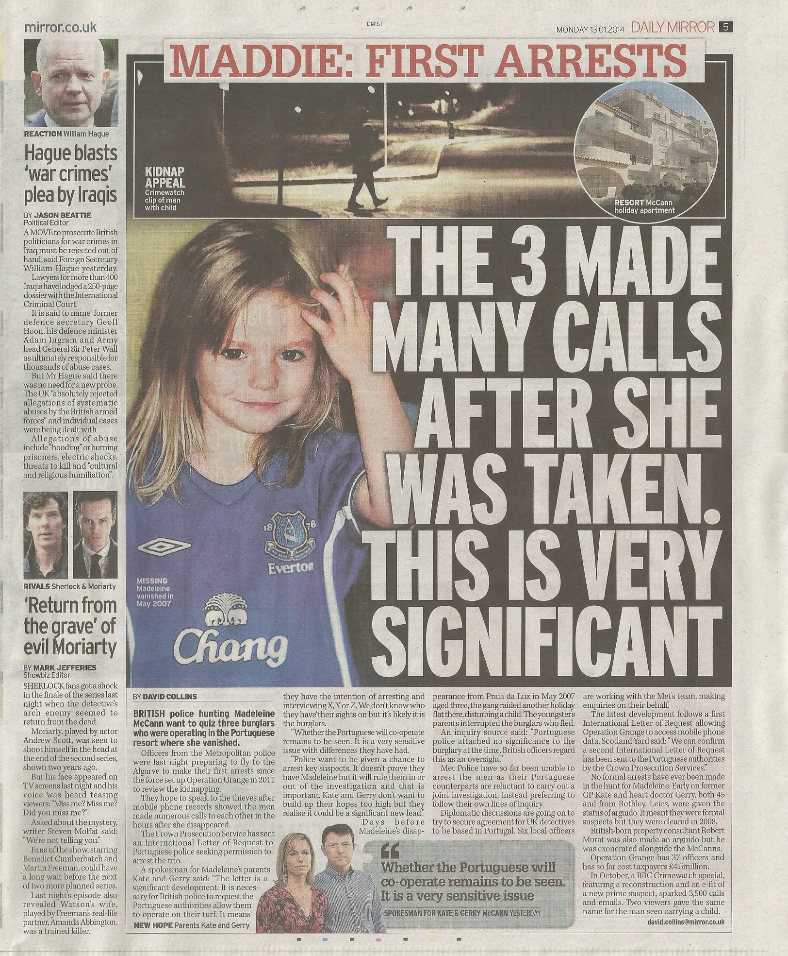 Daily Mirror, paper edition, 13 January 2014