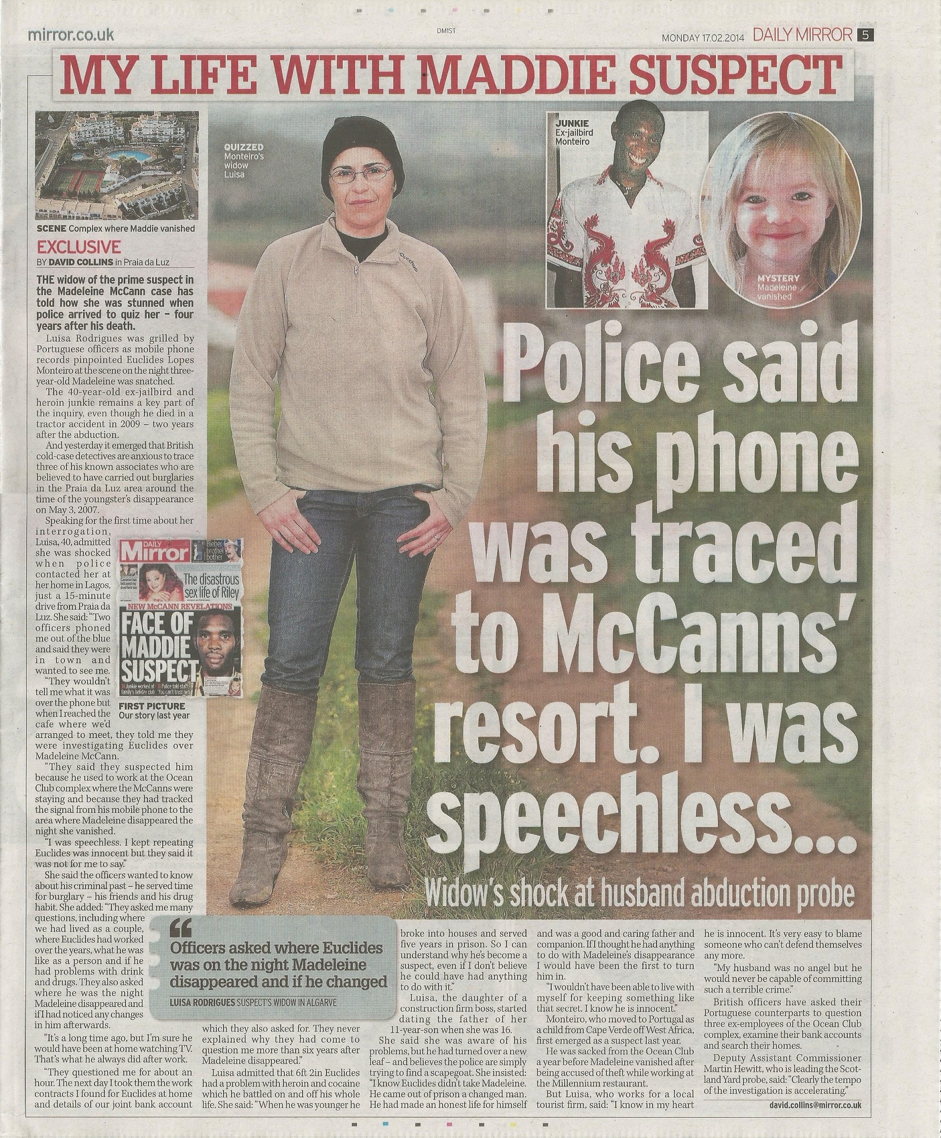 Daily Mirror, paper edition, page 5: 'My life with Maddie suspect', 17 February 2014