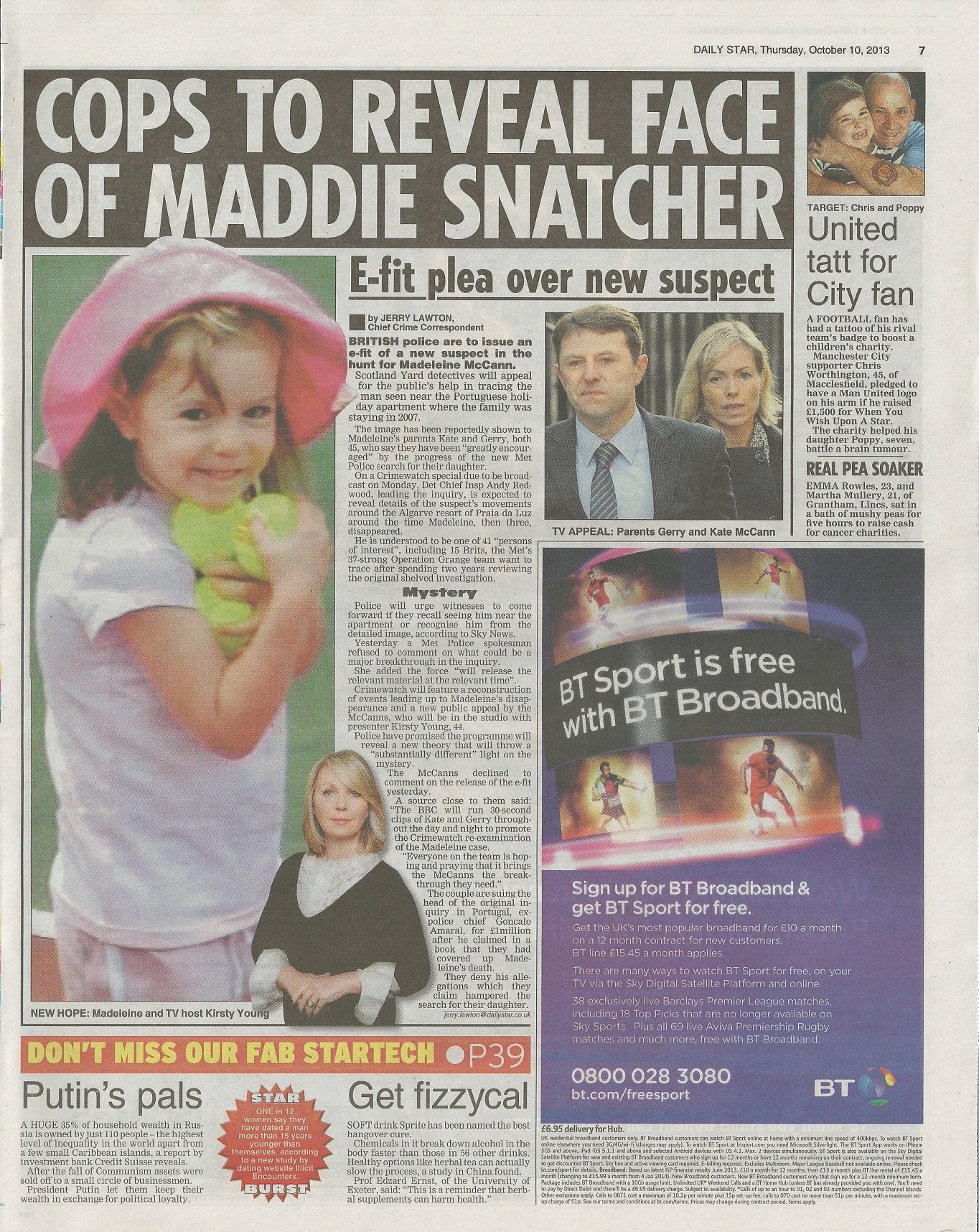 Daily Star, paper edition: 'Cops to reveal face of Maddie snatcher', 10 October 2013