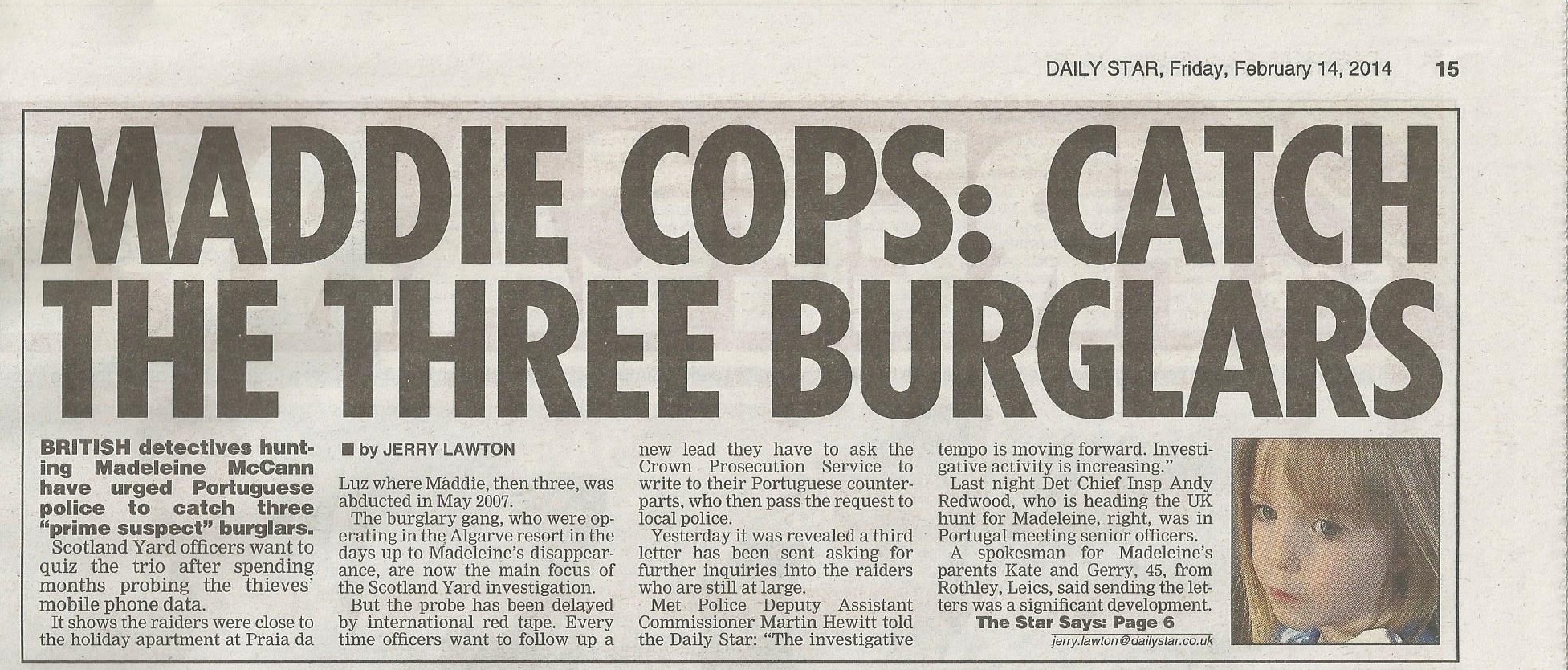 Maddie cops: Catch the three burglars Daily Star (paper edition)
