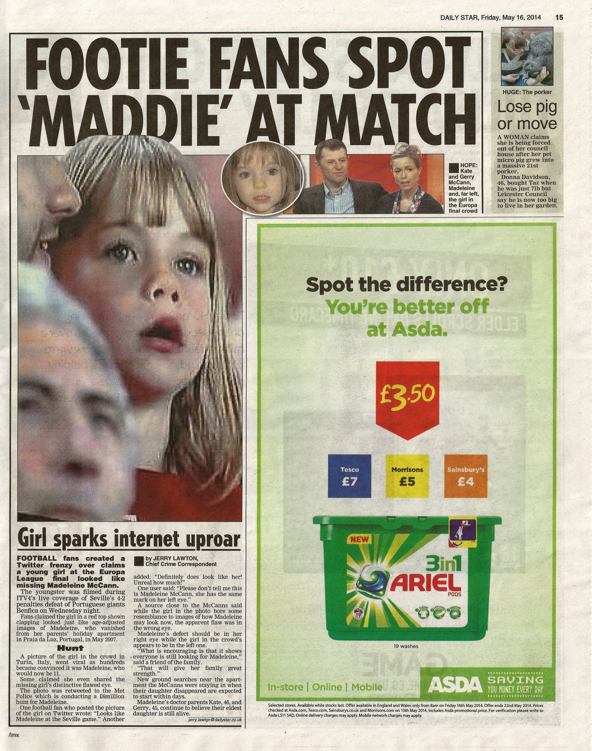 'Footie fans spot 'Maddie' at match' Daily Star (paper edition, page 16)