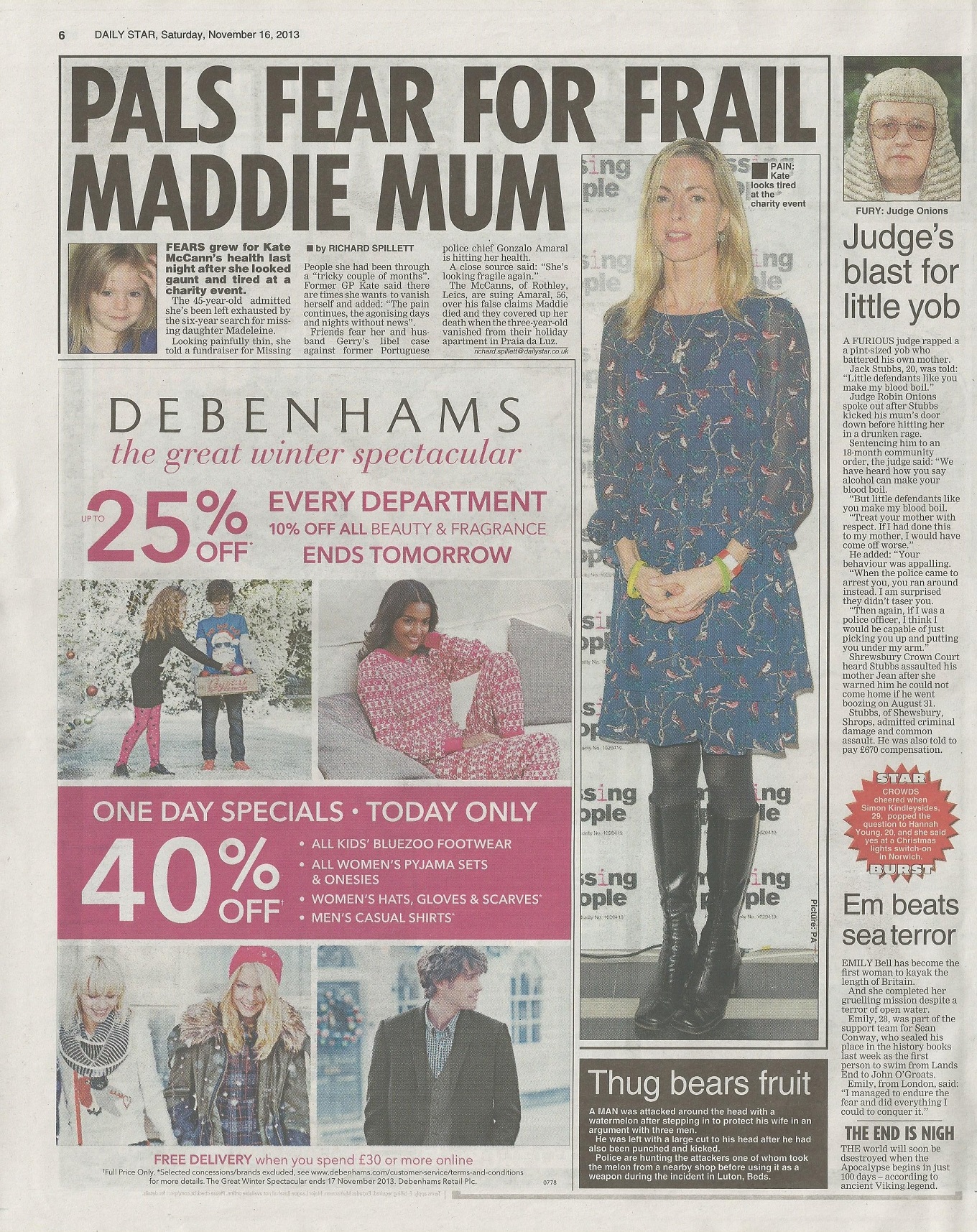 Daily Star, paper edition, page 6: 'PALS FEAR FOR FRAIL MADDIE MUM', 16 November 2013