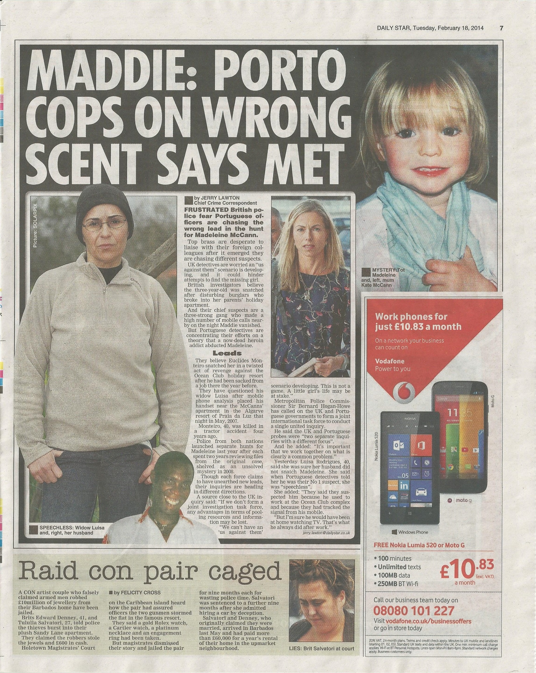 Daily Star, paper edition, page 7: 'Maddie: Porto cops on wrong scent says Met', 18 February 2014