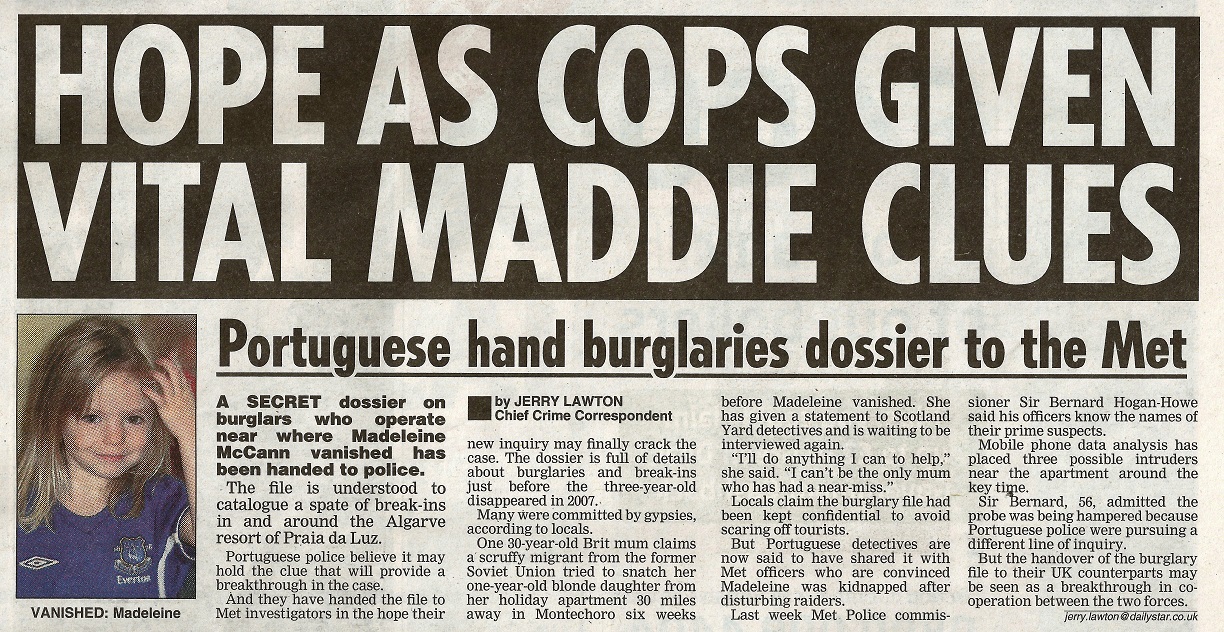 Hope as cops given vital Maddie clues Daily Star (paper edition, page 7)