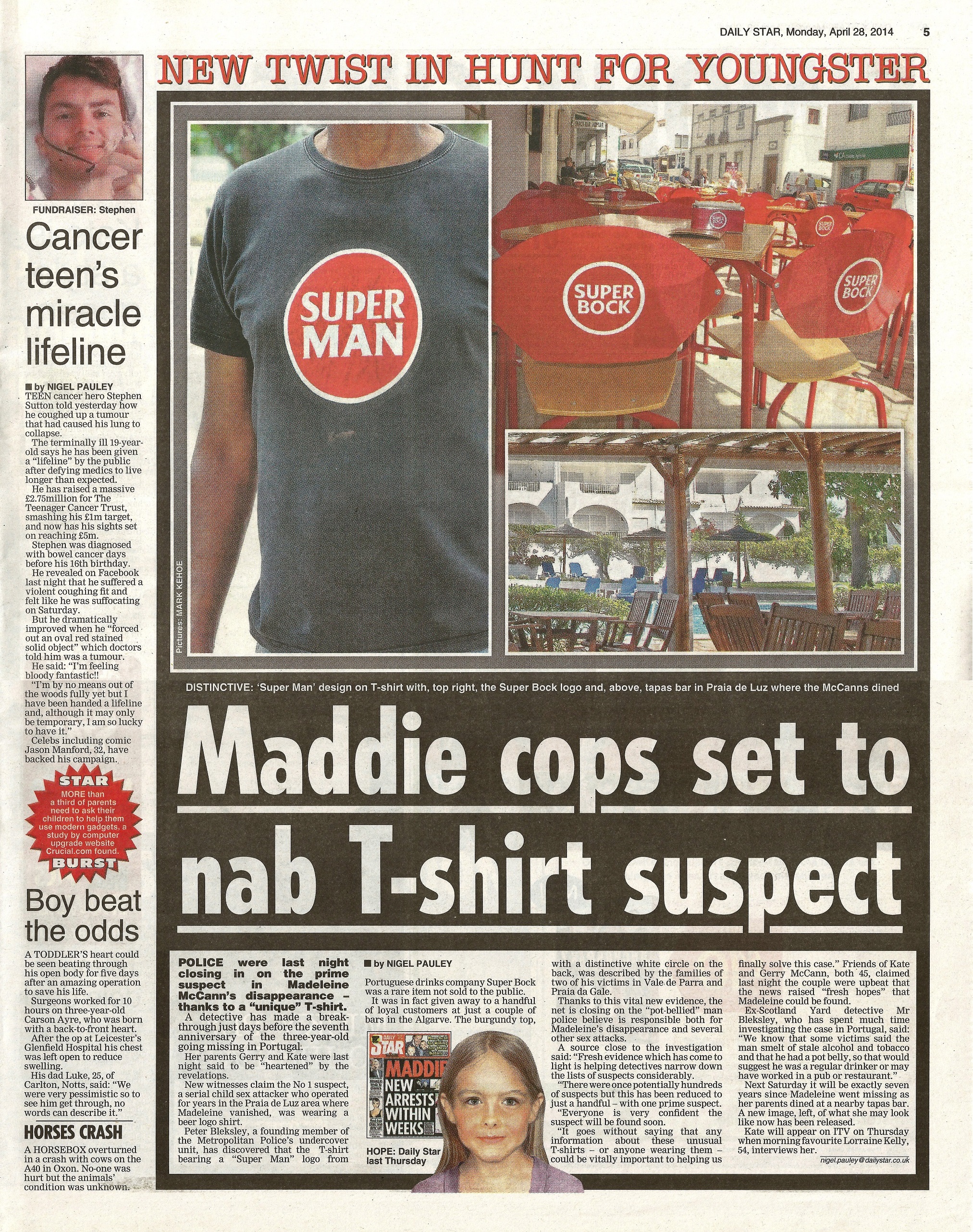 Maddie cops set to nab T-shirt suspect - Daily Star, 28 April 2014 (paper edition, page 5)