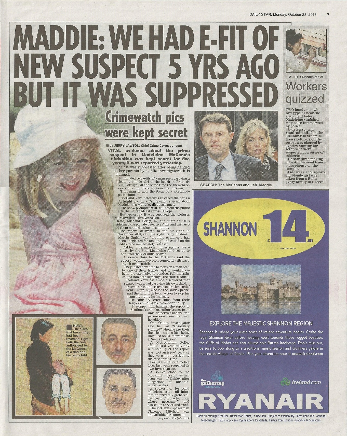 Daily Star, paper edition, page 7: 'MADDIE: WE HAD E-FIT OF NEW SUSPECT 5 YRS AGO BUT IT WAS SUPPRESSED', 28 October 2013