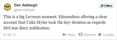 This is a big Leveson moment. Edmondson offering a clear account that Colin Myler took the key decision as regards McCann diary publication.