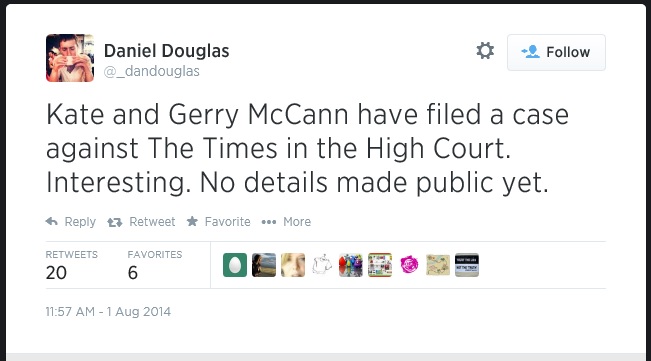 Kate and Gerry McCann have filed a case against The Times in the High Court. Interesting. No details made public yet.
