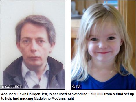 Accused: Kevin Halligen, left, is accused of swindling £300,000 from a fund set up to help find missing Madeleine McCann, right