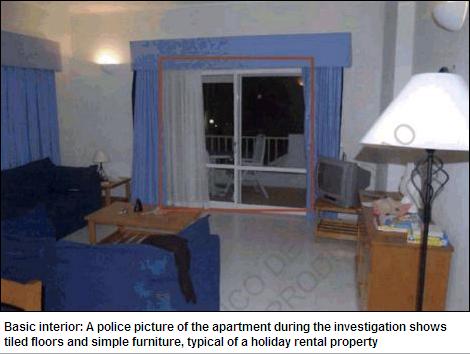 Basic interior: A police picture of the apartment during the investigation shows tiled floors and simple furniture, typical of a holiday rental property