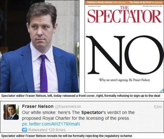 Spectator editor Fraser Nelson, left, today released a front cover, right, formally refusing to sign up to the deal