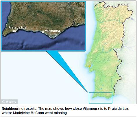 Neighbouring resorts: The map shows how close Vilamoura is to Praia da Luz, where Madeleine McCann went missing