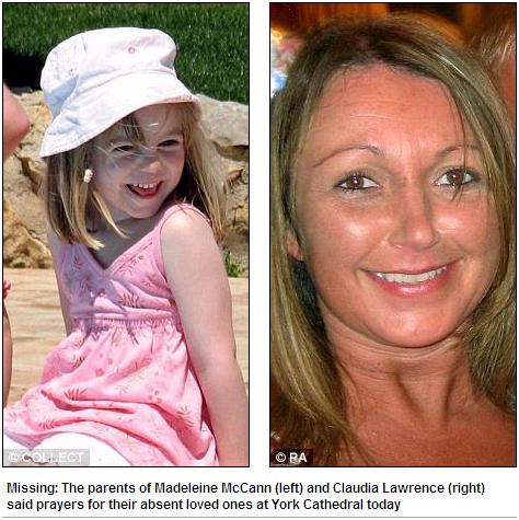 Missing: The parents of Madeleine McCann (left) and Claudia Lawrence (right) said prayers for their absent loved ones at York Cathedral today