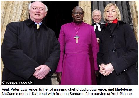 Vigil: Peter Lawrence, father of missing chef Claudia Lawrence, and Madeleine McCann's mother Kate met with Dr John Sentamu for a service at York Minster