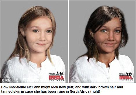 How Madeleine McCann might look now (left) and with dark brown hair and tanned skin in case she has been living in North Africa (right)