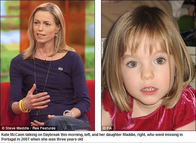Kate McCann talking on Daybreak this morning, left, and her daughter Maddie, right, who went missing in Portugal in 2007 when she was three years old