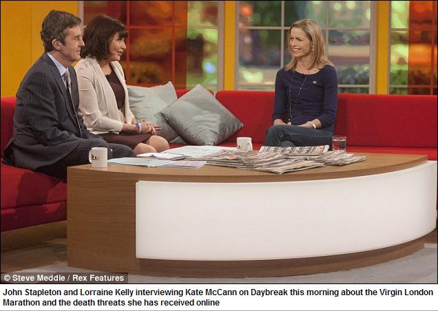 John Stapleton and Lorraine Kelly interviewing Kate McCann on Daybreak this morning about the Virgin London Marathon and the death threats she has received online