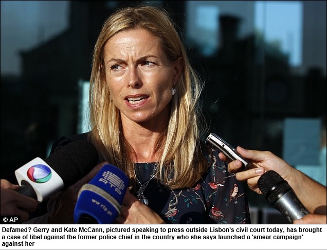 Defamed? Gerry and Kate McCann, pictured speaking to press outside Lisbon's civil court today, has brought a case of libel against the former police chief in the country who she says launched a 'smear campaign' against her