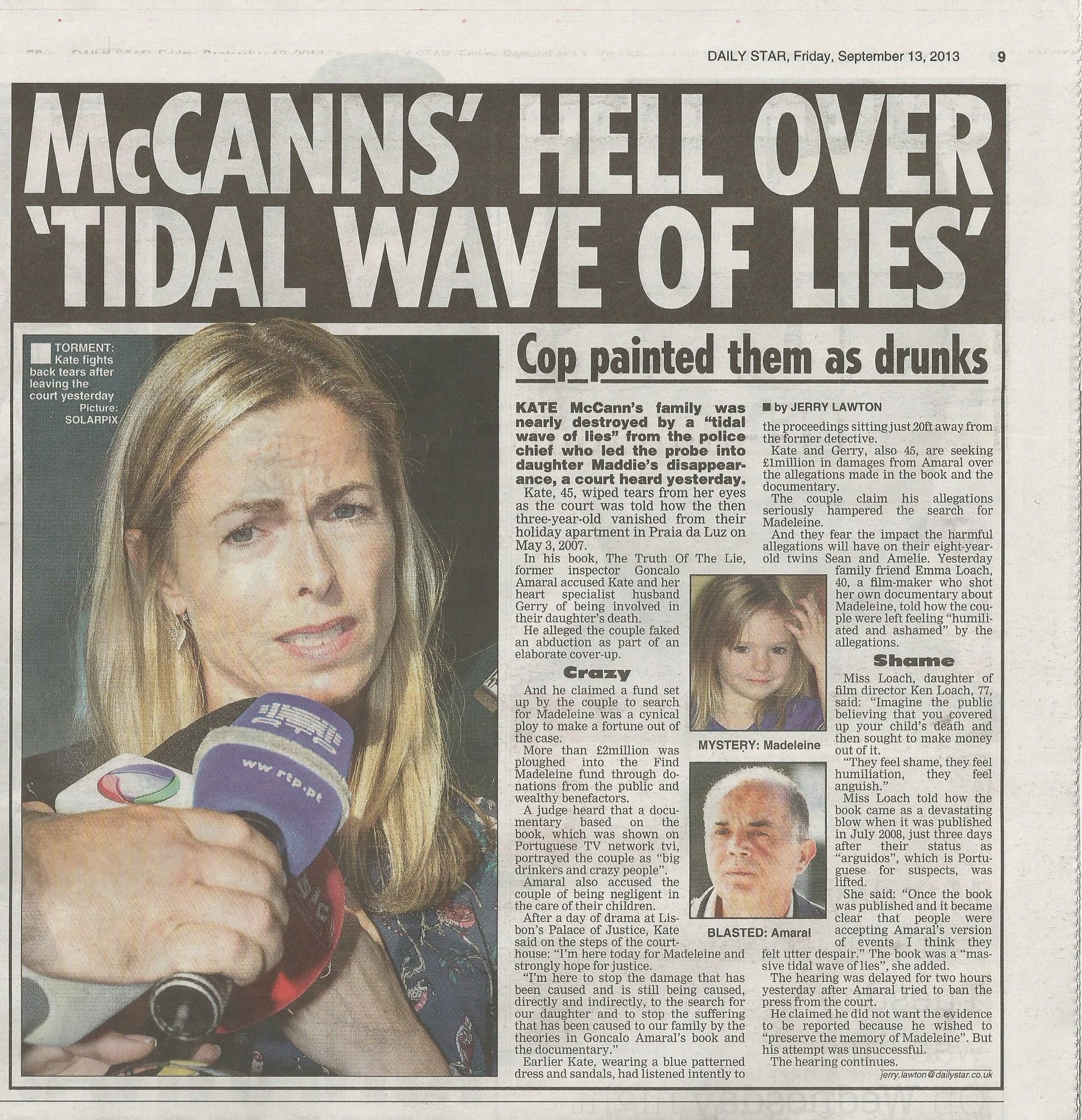 Daily Star, paper edition: 'McCanns' hell over 'tidal wave of lies' - Cop painted them as drunks', 13 September 2013