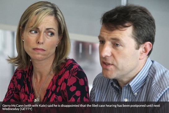 Gerry McCann (with wife Kate) said he is disappointed that the libel case hearing has been postponed until next Wednesday [GETTY]