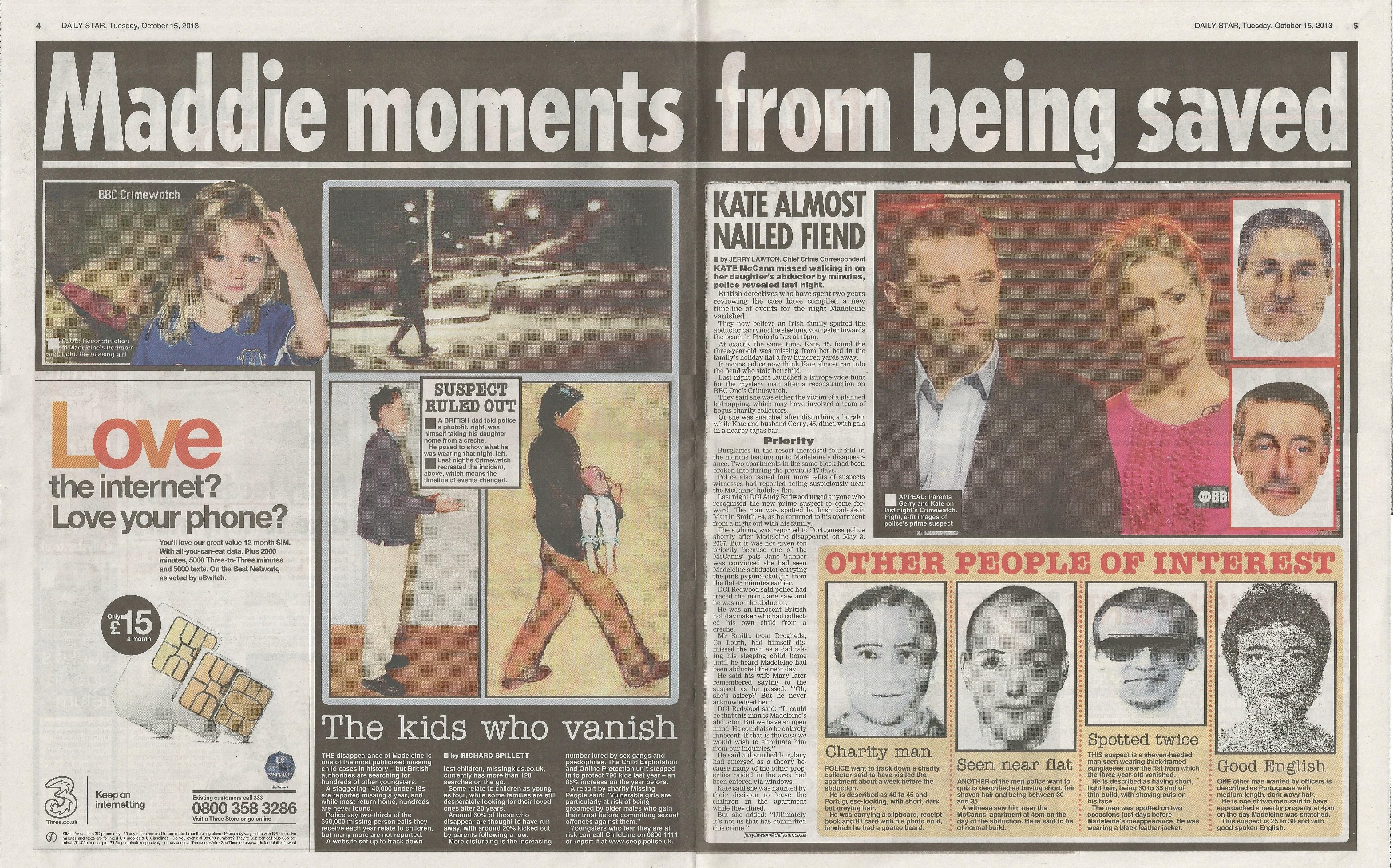 Daily Star, paper edition: 'Maddie moments from being saved', 15 October 2013