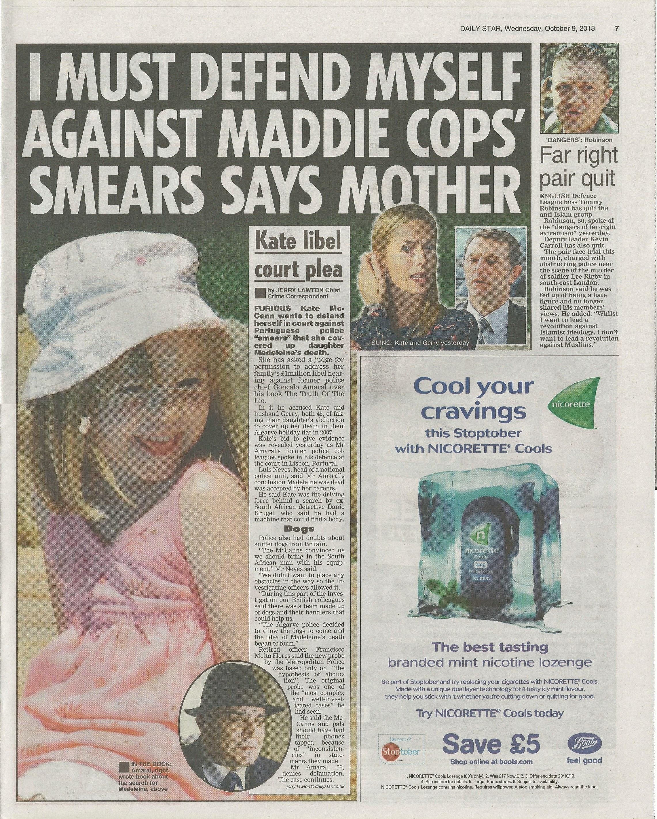Daily Star, paper edition: 'I must defend myself against Maddie cops' smears says mother', 09 October 2013