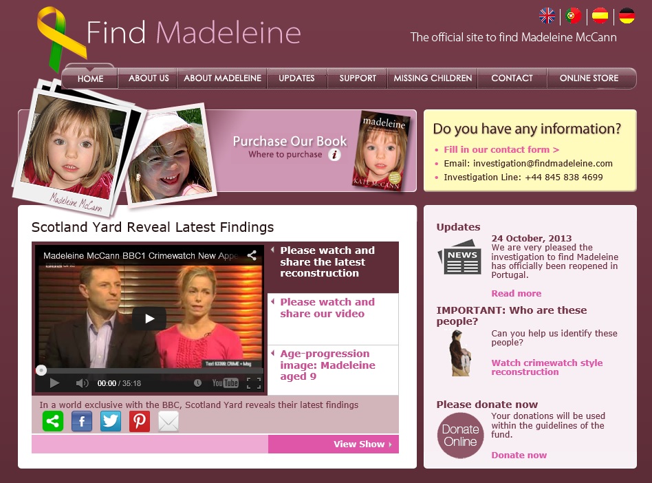 Find Madeleine website homepage as at 30 October 2013