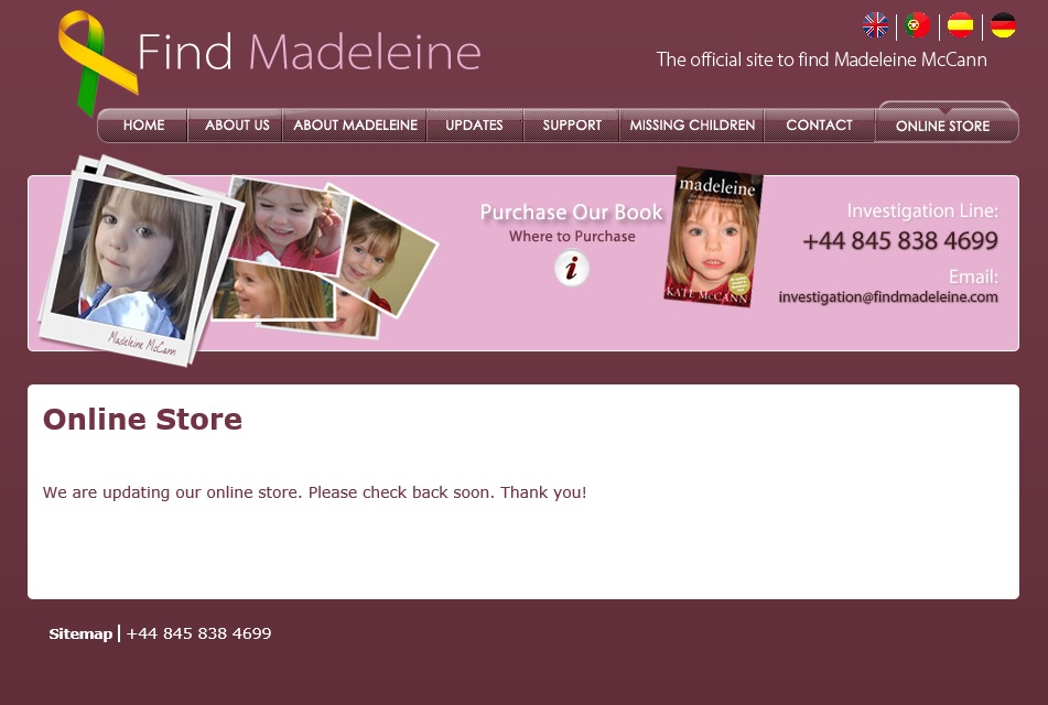 findmadeleine.com 'Online Store' page, 22 November 2013