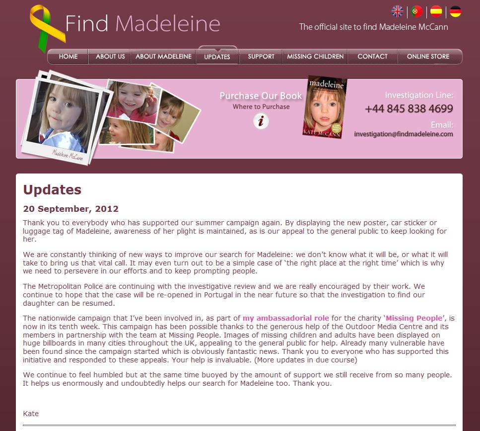 findmadeleine.com update, 20 September 2012