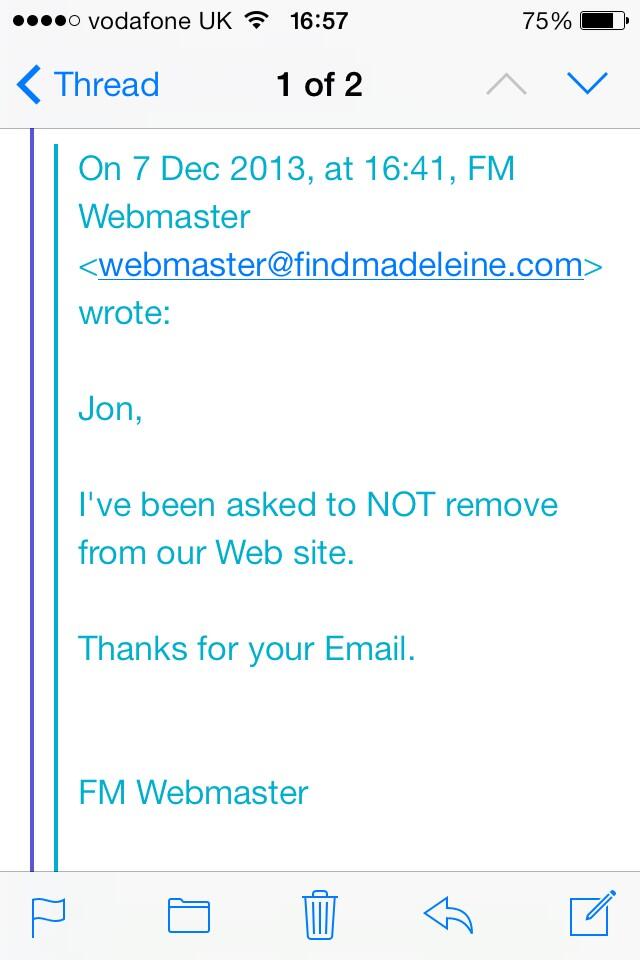 Exchange with Find Madeleine webmaster, 07 December 2013