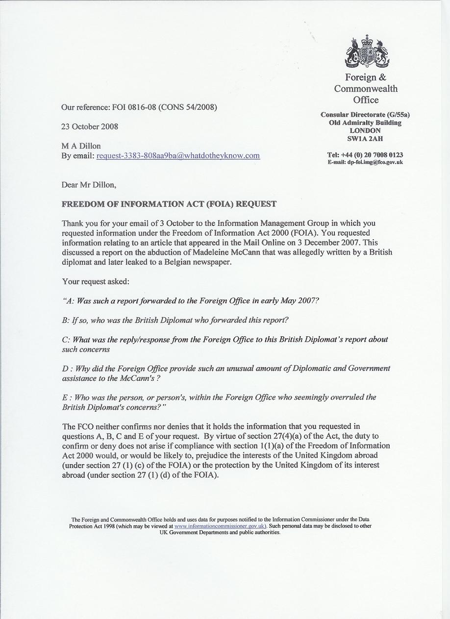Freedom Of Information Act (FOIA) Request, page 1 