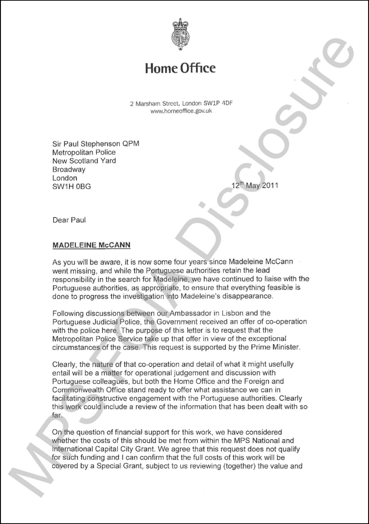 Letter from Home Secretary Theresa May to Sir Paul Stephenson, 12 May 2011