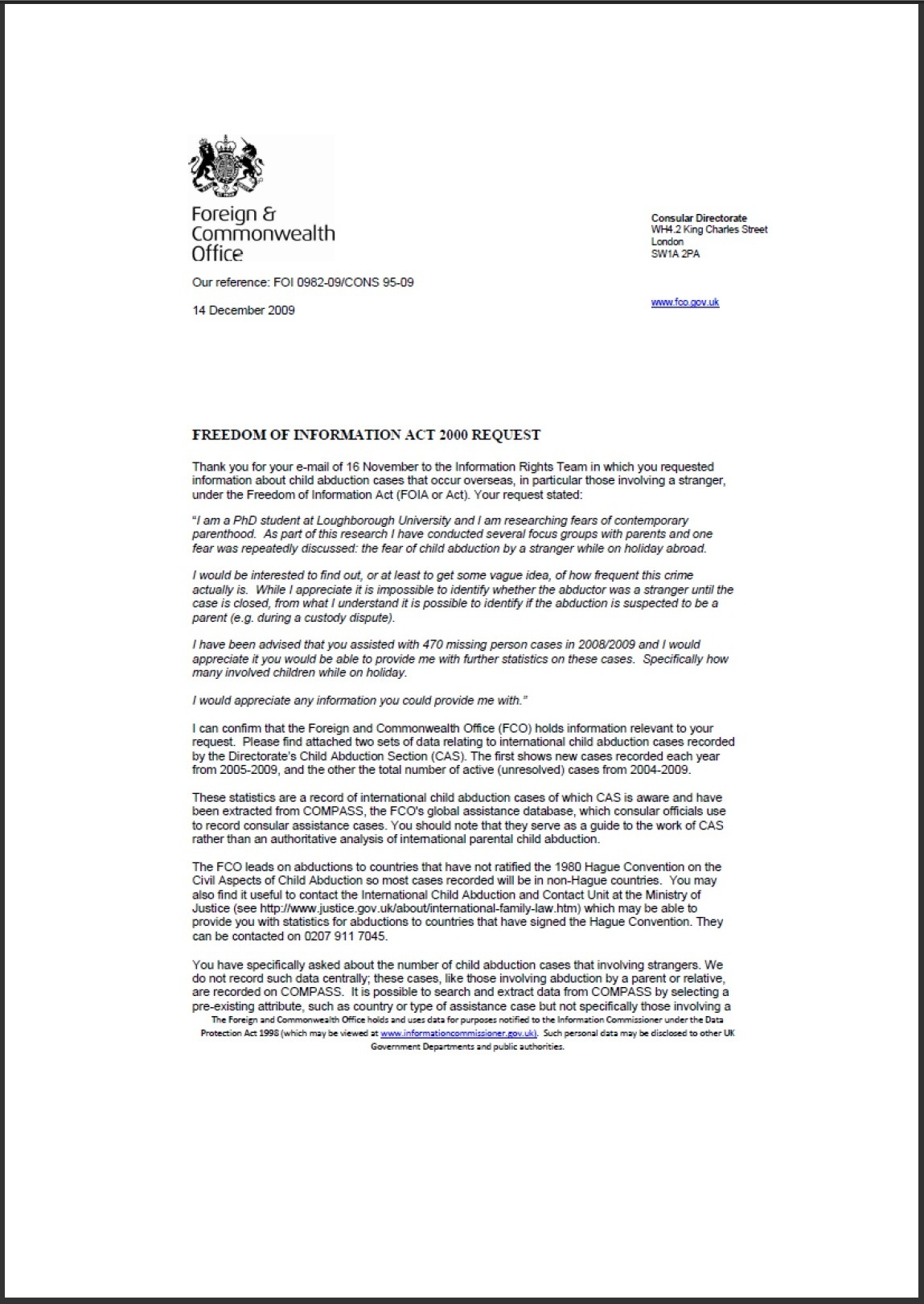 FCO: FoI request, page one, 14 December 2009