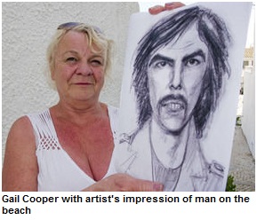 Gail Cooper with artist's impression of man on the beach