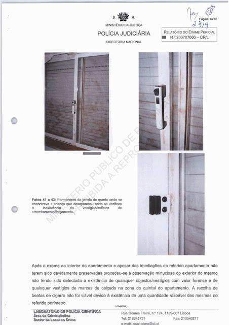 Crime Scene Photos, depicting forensics work done on Madeleine & the twins' bedroom window