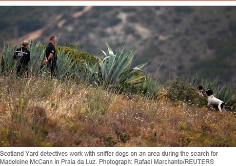 Scotland Yard detectives work with sniffer dogs on an area during the search for Madeleine McCann in Praia da Luz. Photograph: Rafael Marchante/REUTERS