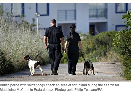British police with sniffer dogs check an area of scrubland during the search for Madeleine McCann in Praia da Luz. Photograph: Philip Toscano/PA