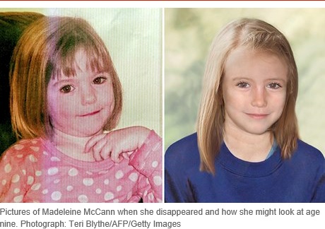 Pictures of Madeleine McCann when she disappeared and how she might look at age nine. Photograph: Teri Blythe/AFP/Getty Images