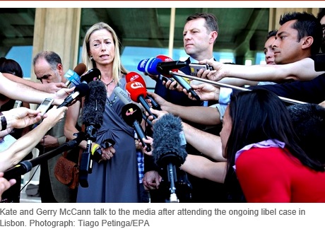 Kate and Gerry McCann talk to the media after attending the ongoing libel case in Lisbon. Photograph: Tiago Petinga/EPA