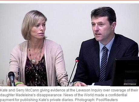 Kate and Gerry McCann giving evidence at the Leveson Inquiry over coverage of their daughter Madeleine's disappearance. News of the World made a confidential payment for publishing Kate's private diaries.