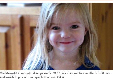 Madeleine McCann, who disappeared in 2007: latest appeal has resulted in 250 calls and emails to police. Photograph: Everton FC/PA 