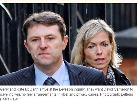 Gerry and Kate McCann arrive at the Leveson inquiry. They want David Cameron to save 'no win, no fee' arrangements in libel and privacy cases. Photograph: Lefteris Pitarakis/AP
