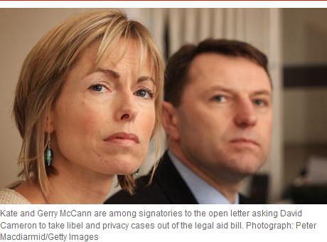 Kate and Gerry McCann are among signatories to the open letter asking David Cameron to take libel and privacy cases out of the legal aid bill. Photograph: Peter Macdiarmid/Getty Images
