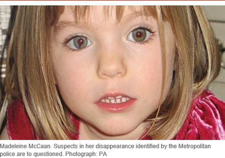Madeleine McCaan. Suspects in her disappearance identified by the Metropolitan police are to questioned. Photograph: PA